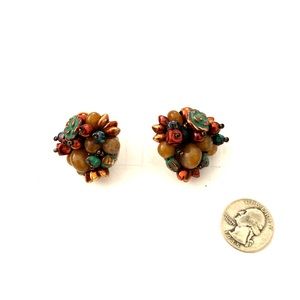 Retro multicolored bead clip on earrings
